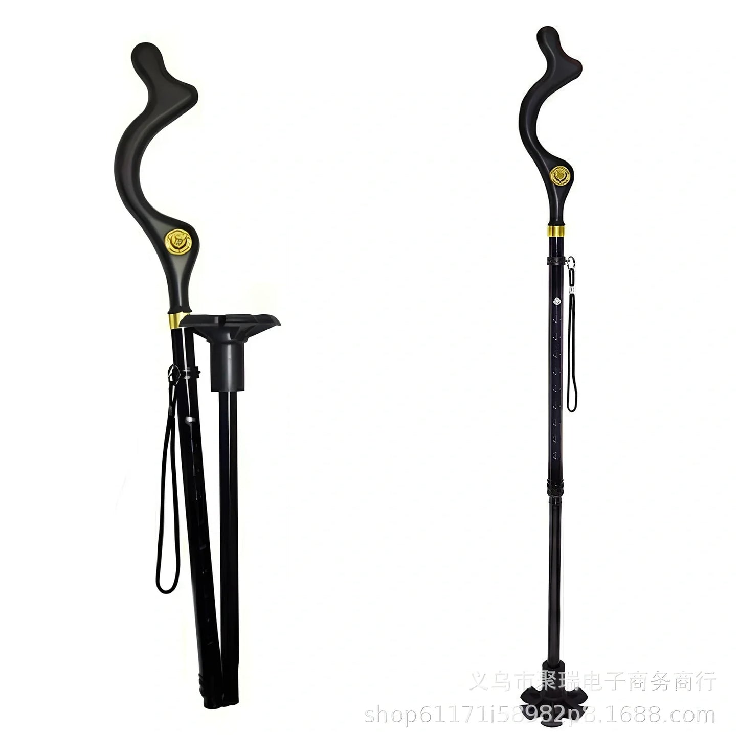 Telescopic folding walking stick with ergonomic handle extended to full height showing 6-tip base design
