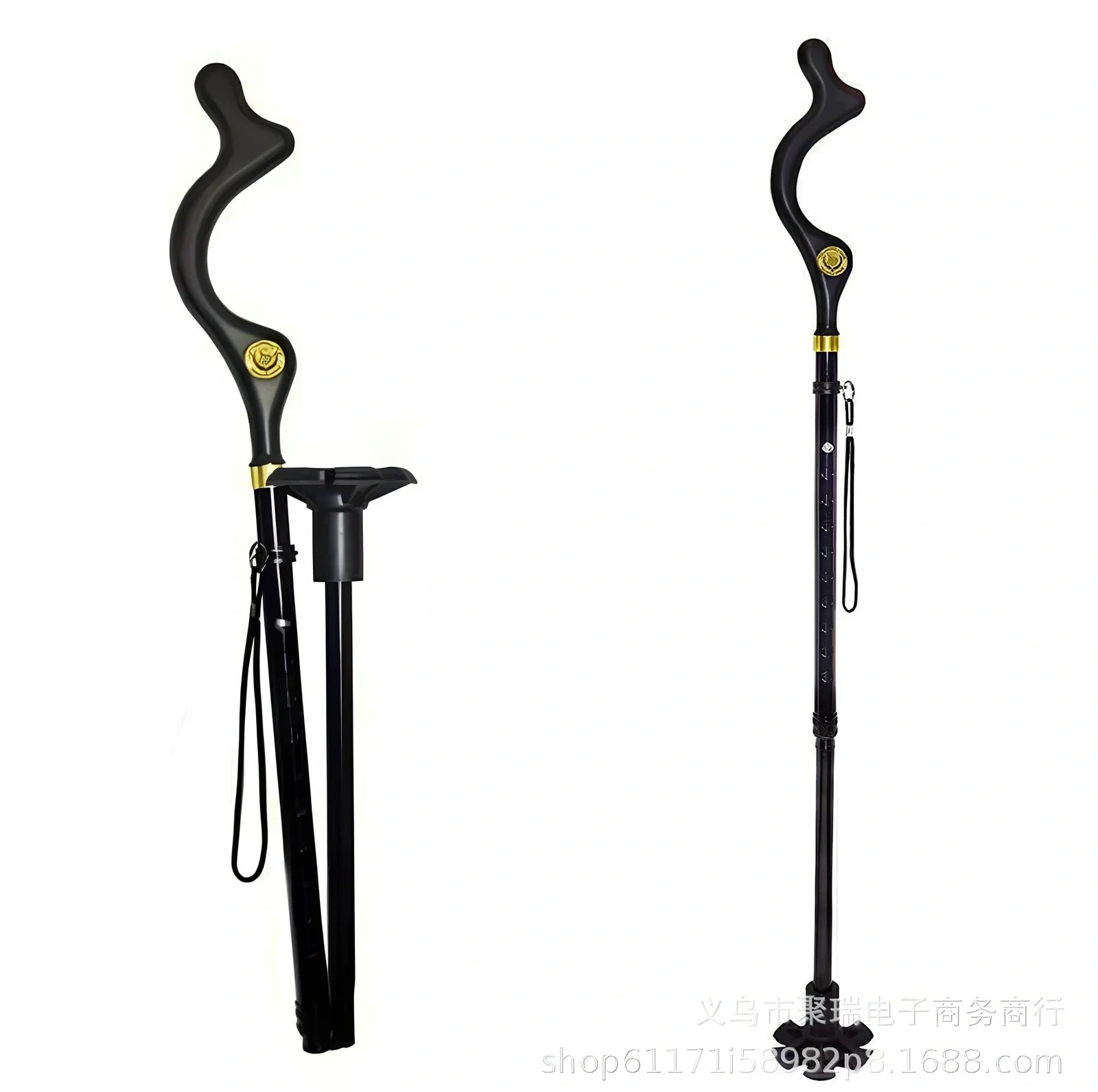 Telescopic folding walking stick with ergonomic handle extended to full height showing 6-tip base design