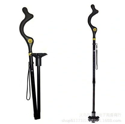 Telescopic folding walking stick with ergonomic handle extended to full height showing 6-tip base design