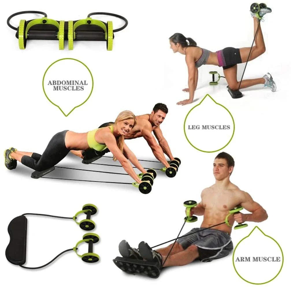 Ergonomic fitness roller with spongy wheels and anti-slip surface for full-body toning exercises at home