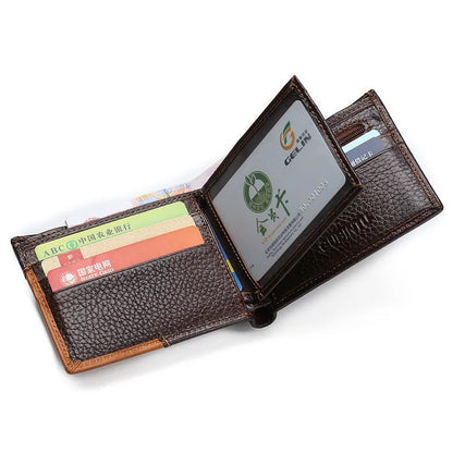 Leather wallet with personality stitching showing 3-fold design, internal compartments, and cowhide leather texture