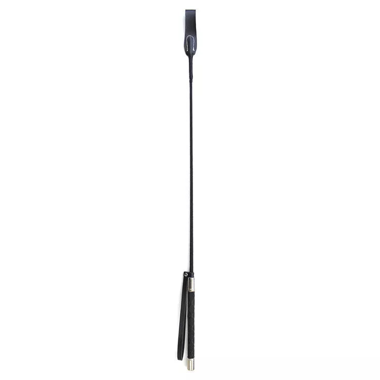 Black PU leather riding whip with non-slip handle and wrist strap, 70cm length