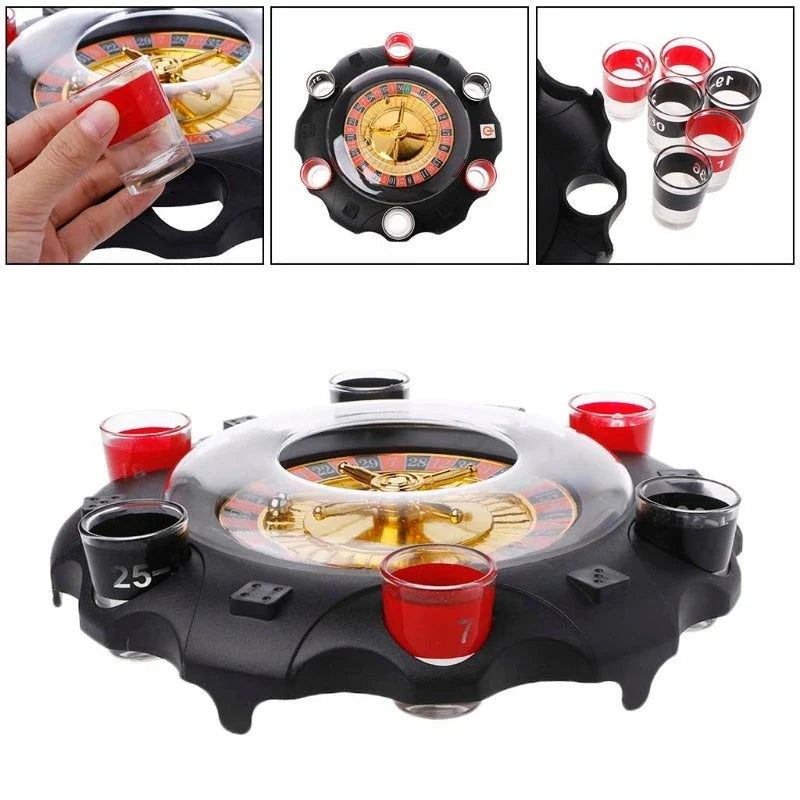 Electric casino-style roulette drinking game set with spinning wheel, shot glasses, and steel balls