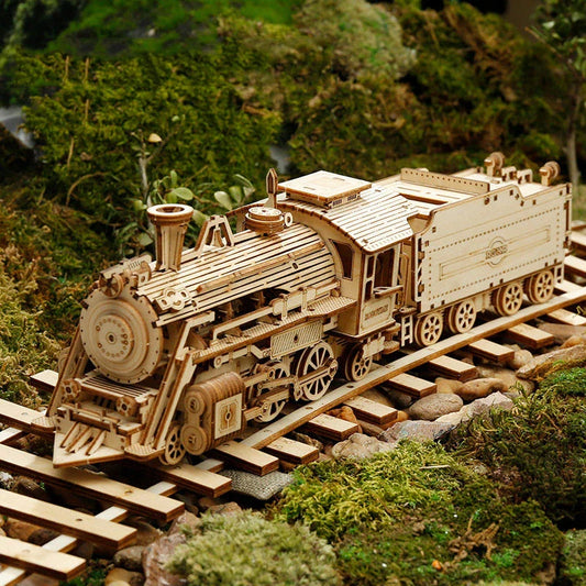 3D wooden train puzzle kit with 308 interlocking pieces for a rewarding DIY building experience