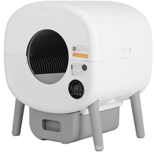 White automatic cat litter box with 550mm width, 13L waste compartment, and cleaning brush