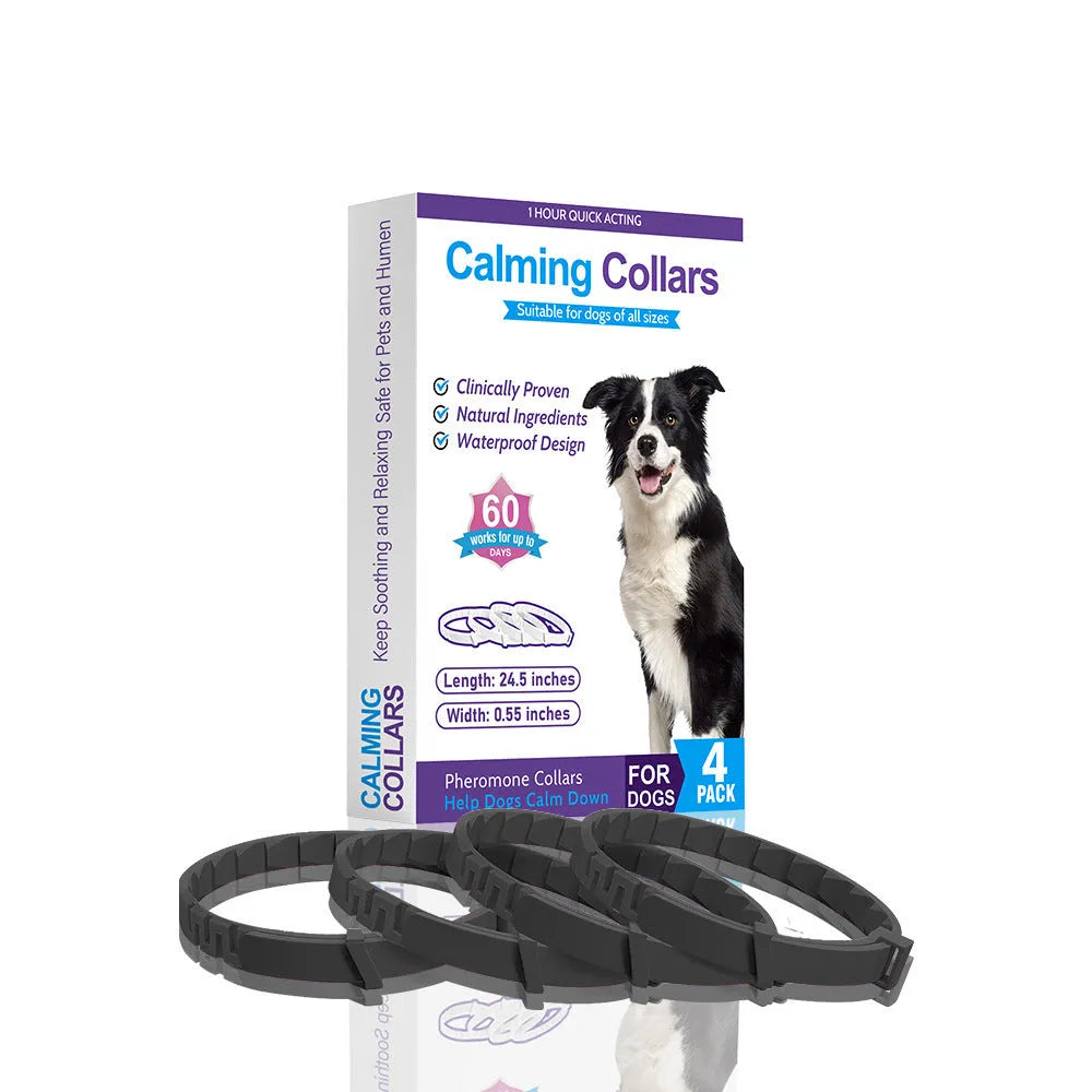 Four dog anxiety relief collars in different colours with 62cm adjustable TPR construction for calming support