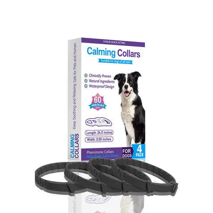 Four dog anxiety relief collars in different colours with 62cm adjustable TPR construction for calming support