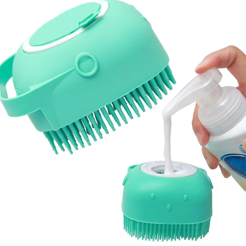 Silicone scrubber dispenser in blue colour showing soap distribution through bristles