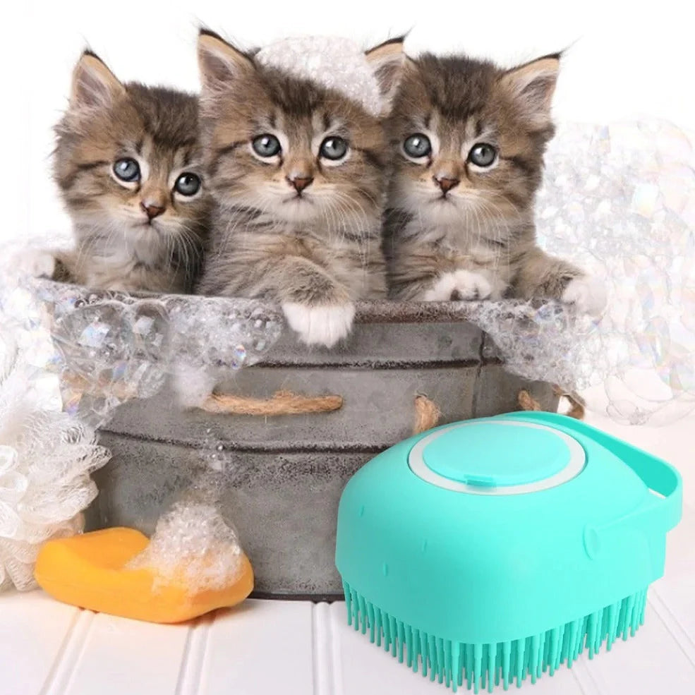 Silicone scrubber dispenser in blue colour showing soap distribution through bristles