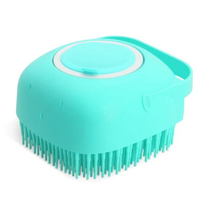 Silicone scrubber dispenser in blue colour showing soap distribution through bristles