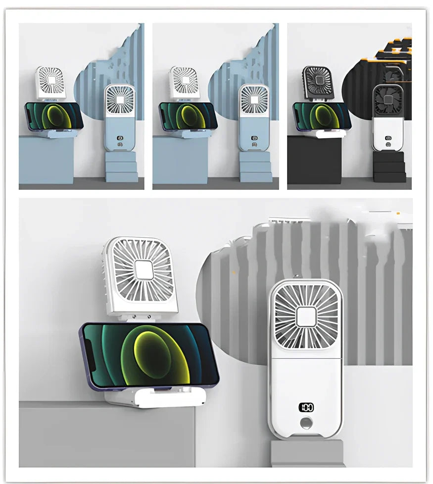 F30Pro folding portable handheld fan in white with digital display, 169x81x20mm size, USB charging, plastic blades for cooling