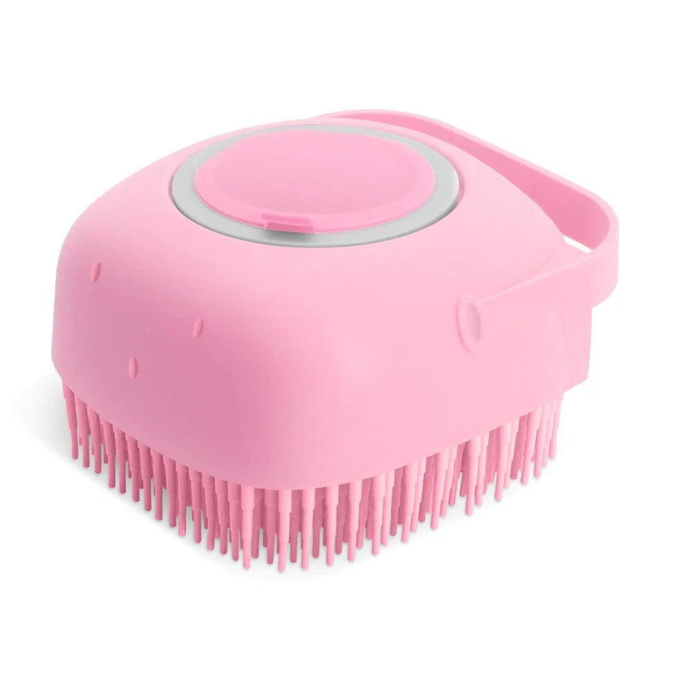 Silicone scrubber dispenser in blue colour showing soap distribution through bristles