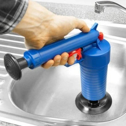 High-Powered Drain Blaster Gun with four interchangeable suction cups for clearing tough clogs in sinks, tubs, and toilets