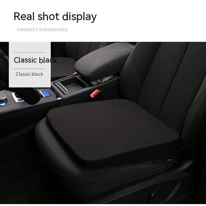 Black thick foam car seat cushion for height adjustment, shown on a car seat.