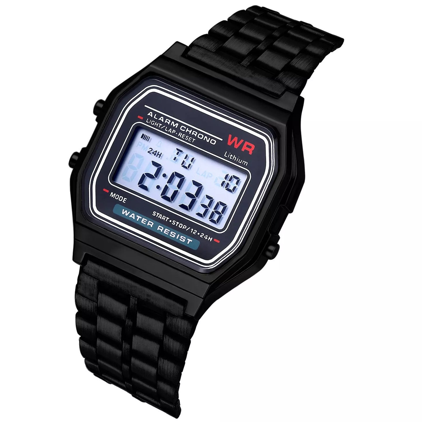 WR F91W Steel Band Electronic Watch with square dial and stainless steel strap