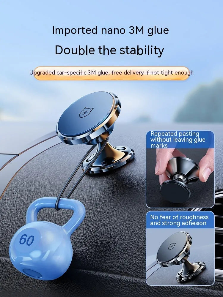 Shiny black magnetic car phone holder with alloy cradle mounted on a car dashboard.