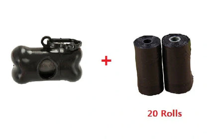 Compact, refillable dog poop bag storage and dispenser box with a roll of large waste bags and a carrying loop for easy transport