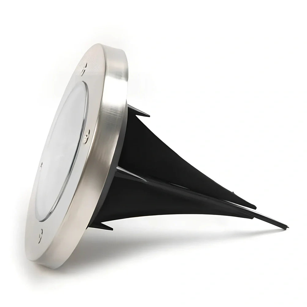 Stainless steel solar garden light measuring 11.5x11.5x13cm with automatic dusk operation