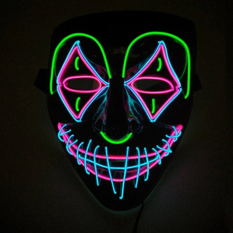 Glow-in-the-dark LED Halloween mask with adjustable straps and bright, mesmerizing illumination