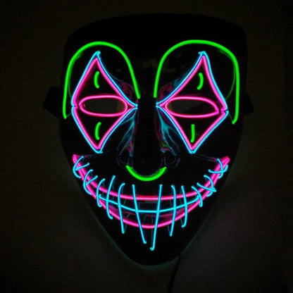 Glow-in-the-dark LED Halloween mask with adjustable straps and bright, mesmerizing illumination