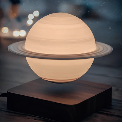Magnetic levitation moon lamp with spherical design floating above base, showing three light colour modes
