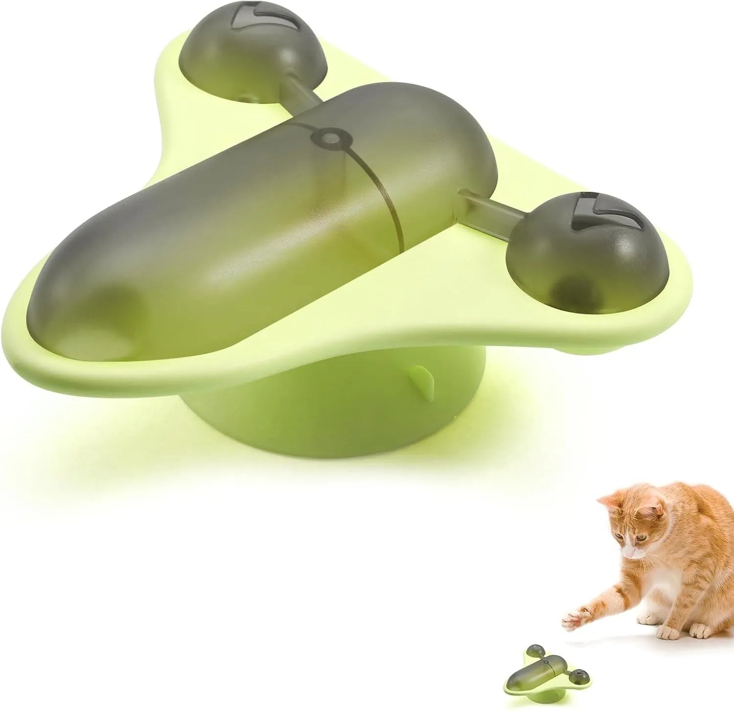 Blue interactive pet puzzle toy with bell, catnip, and snack cabin on a floor.