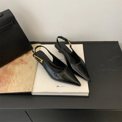 Pointed toe leather shoes with thin straps and low heel in four colour options