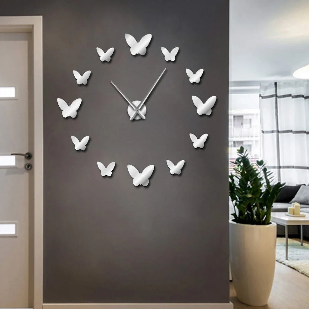 Scandinavian 3D butterfly mirror wall clock in round black gold or silver for living room bedroom decor
