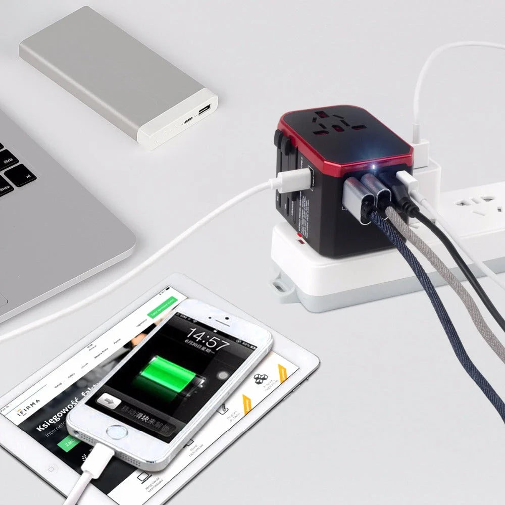 Universal USB Travel Adapter Charger with 4 USB Ports and 5600mAh Battery for Simultaneous Fast Charging in over 150 Countries