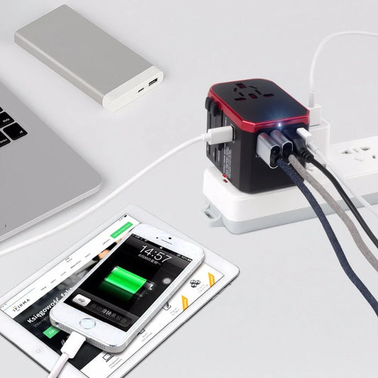 Universal USB Travel Adapter Charger with 4 USB Ports and 5600mAh Battery for Simultaneous Fast Charging in over 150 Countries