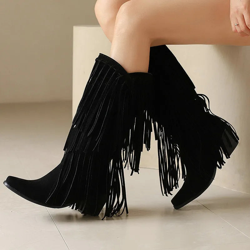 Women's knee-high suede boots with a chunky heel and square toe.