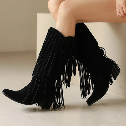 Women's knee-high suede boots with a chunky heel and square toe.