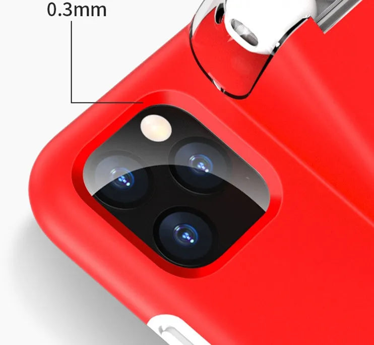 Black matte acrylic and silicone 2-in-1 case holding an iPhone and an AirPods charging case.