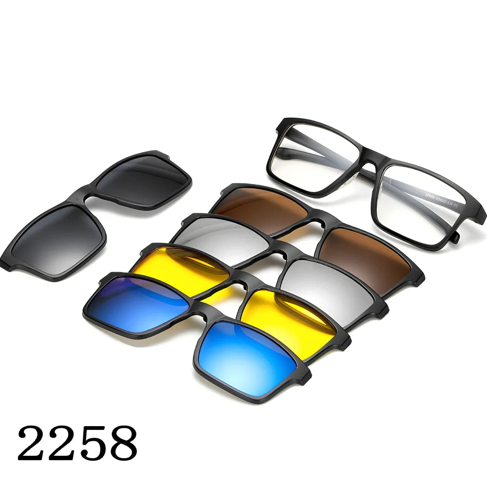 Magnetic sunglasses showing closure system with resin lenses and PC frame in multiple size options