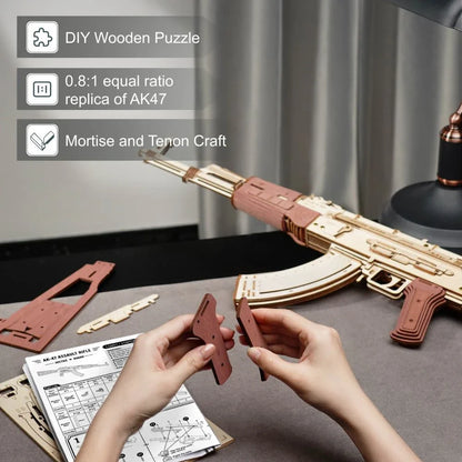 Robotime Rokr Wooden AK-47 Rifle - a premium DIY toy with authentic design, dual firing modes, and a detachable magazine