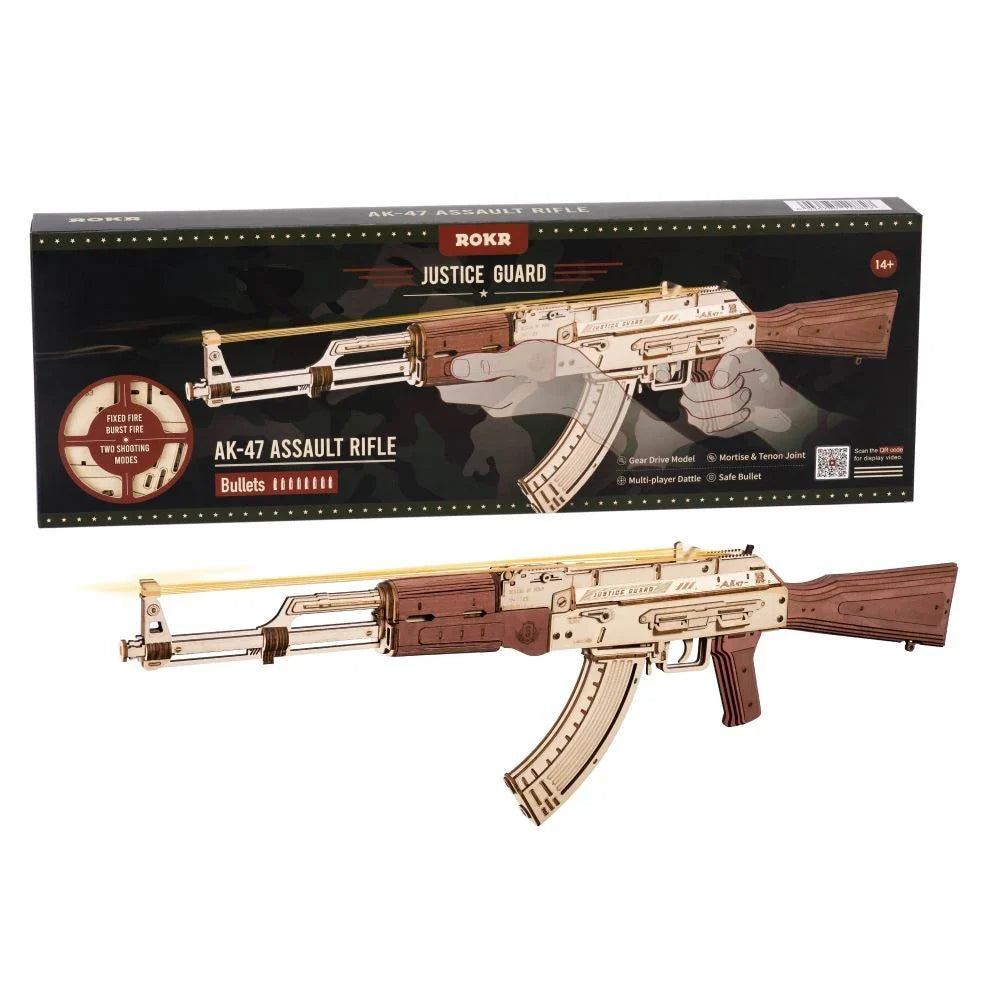 Robotime Rokr Wooden AK-47 Rifle - a premium DIY toy with authentic design, dual firing modes, and a detachable magazine