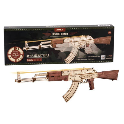 Robotime Rokr Wooden AK-47 Rifle - a premium DIY toy with authentic design, dual firing modes, and a detachable magazine