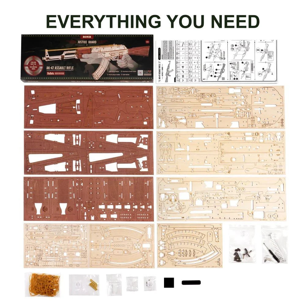 Robotime Rokr Wooden AK-47 Rifle - a premium DIY toy with authentic design, dual firing modes, and a detachable magazine