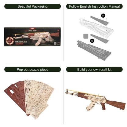 Robotime Rokr Wooden AK-47 Rifle - a premium DIY toy with authentic design, dual firing modes, and a detachable magazine