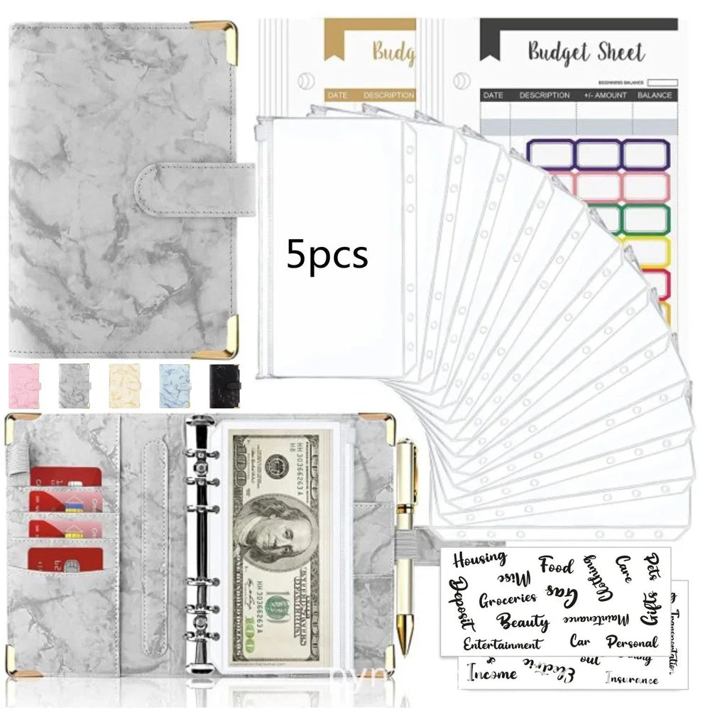 A6 leather PU binder journal open showing colour budget sheets and zip pockets with spiral binding