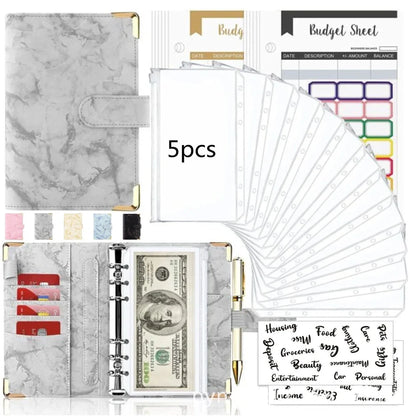 A6 leather PU binder journal open showing colour budget sheets and zip pockets with spiral binding