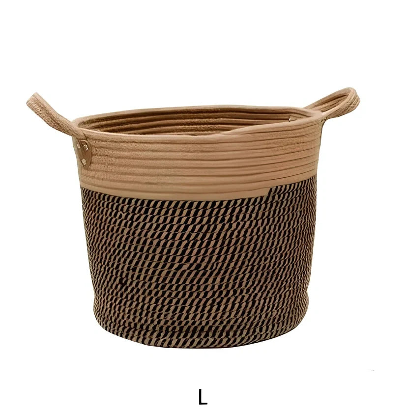 Brownish black hemp rope laundry basket with cotton linen insert showing 30L capacity and natural fibre construction