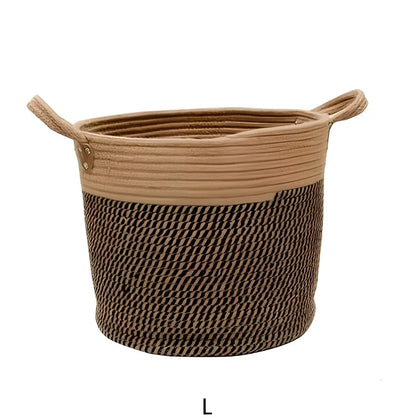 Brownish black hemp rope laundry basket with cotton linen insert showing 30L capacity and natural fibre construction