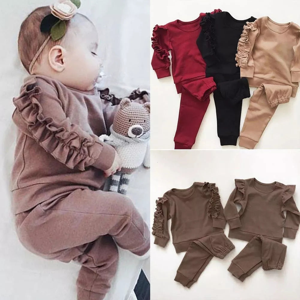 Newborn baby boys girls cotton ruffles jumper and pants 2pcs set