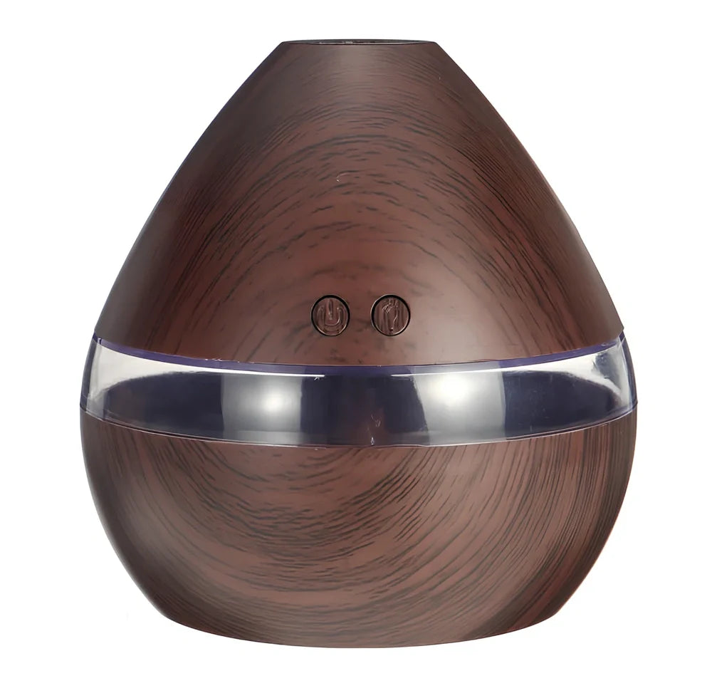 USB LED aroma humidifier with wood grain finish, 300ml capacity, measuring 114mm × 110mm