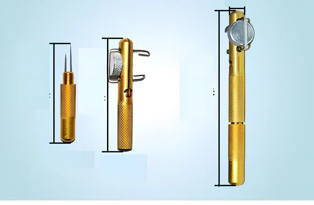 Aluminium fishing hook tying tool measuring 11cm long with 1cm diameter for manual knot creation