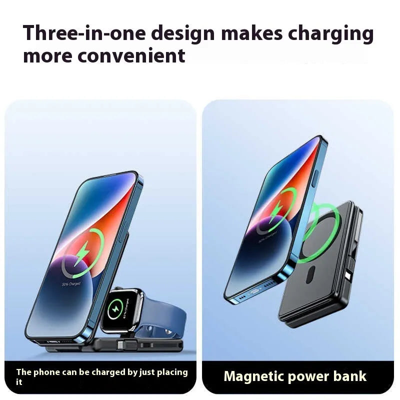 Ultra-thin black magnetic wireless power bank 5000mAh with built-in bracket and data cable, 113x70x18mm