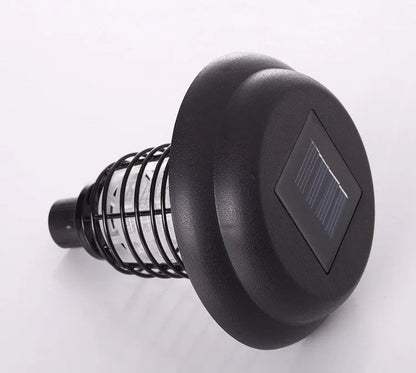 Black solar LED anti-mosquito lamp with UV bug zapper, metal grill and solar panel for outdoor garden use