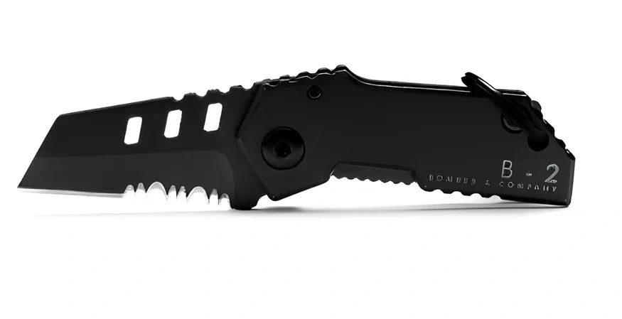 Black pocket folding knife with serrated blade, 85mm length, stainless steel handle