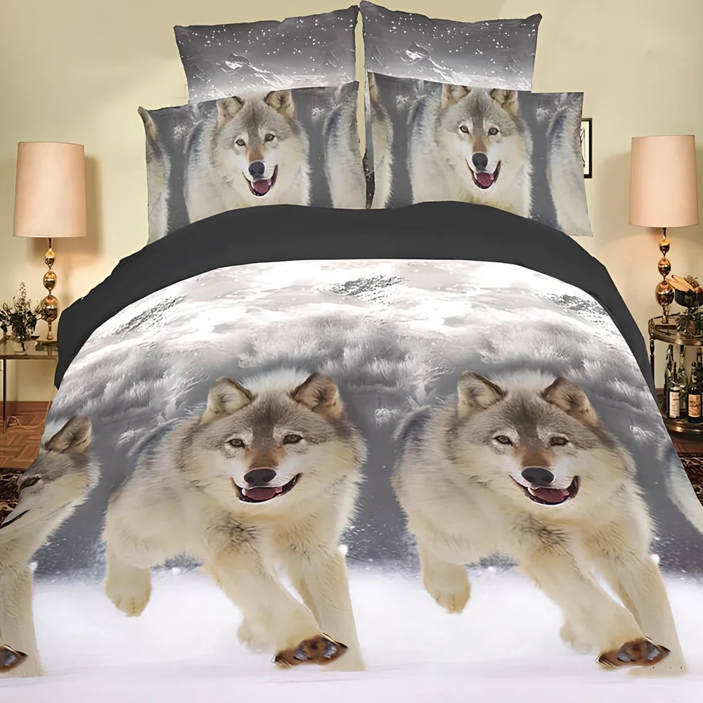 Queen size wolf print bedding set showing polyester duvet cover 200 cm by 230 cm, fitted sheet 230 cm square, and two 48 cm by 74 cm pillowcases on a bed